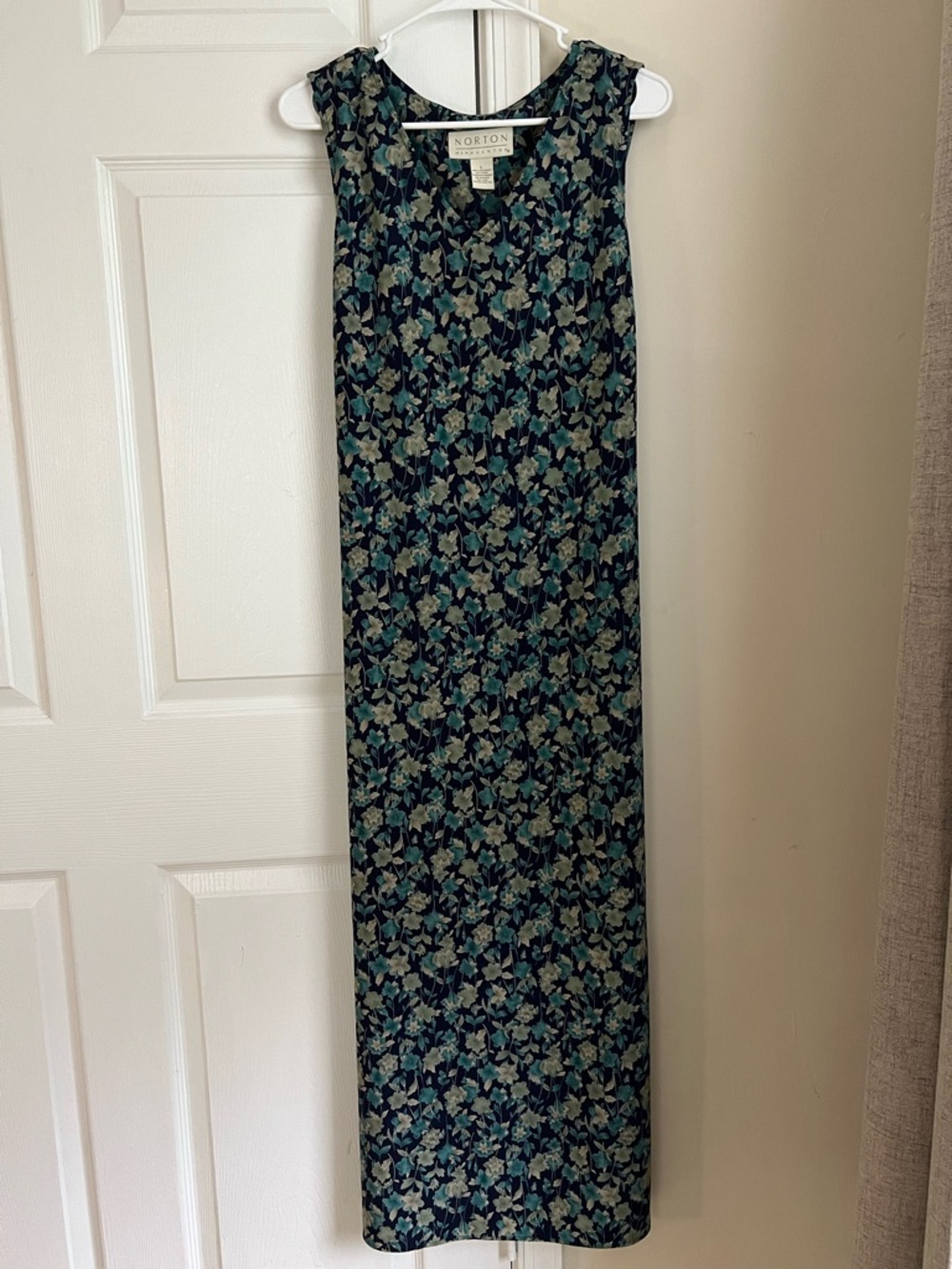 Vintage 90s Norton McNaughton Green Blue Floral Tie Back Waist Maxi Dress Large